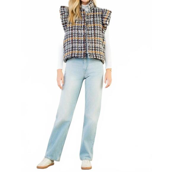 NEW THML plaid tweed collared vest in blue - Picture 4 of 6